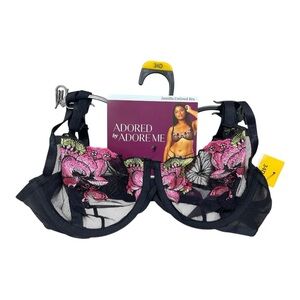 Adore Me Black and Pink Floral Lace Bra